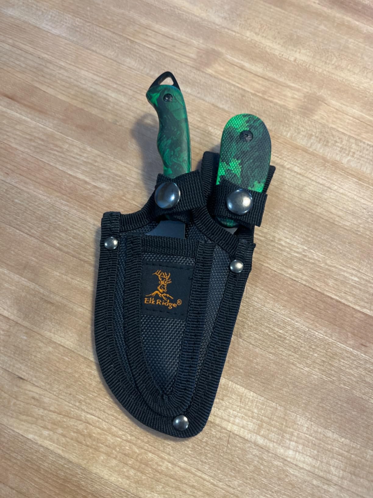 Elk Ridge ER-300 Series, 2-Piece Fixed Blade Hunting Knife Set with Gut Hook and Caping Knife, 3Cr13MoV Steel, Wood Handle, Nylon Sheath, 7 Inch and 6.4 Inch (Camo) customer photo 1