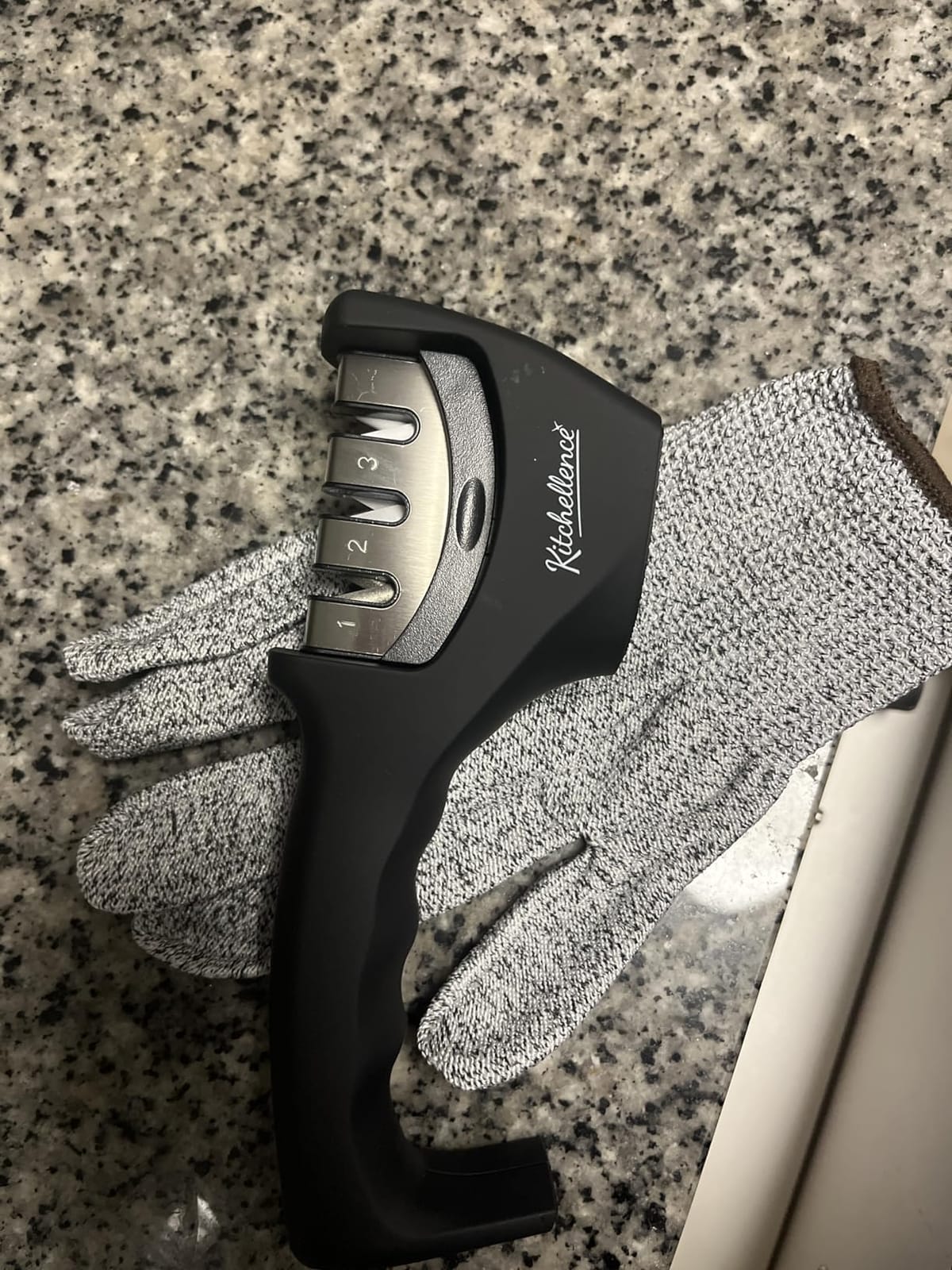 4-in-1 Kitchen Knife Accessories: 3-Stage Knife Sharpener Helps Repair, Restore, Polish Blades and Cut-Resistant Glove (Black) customer photo 2