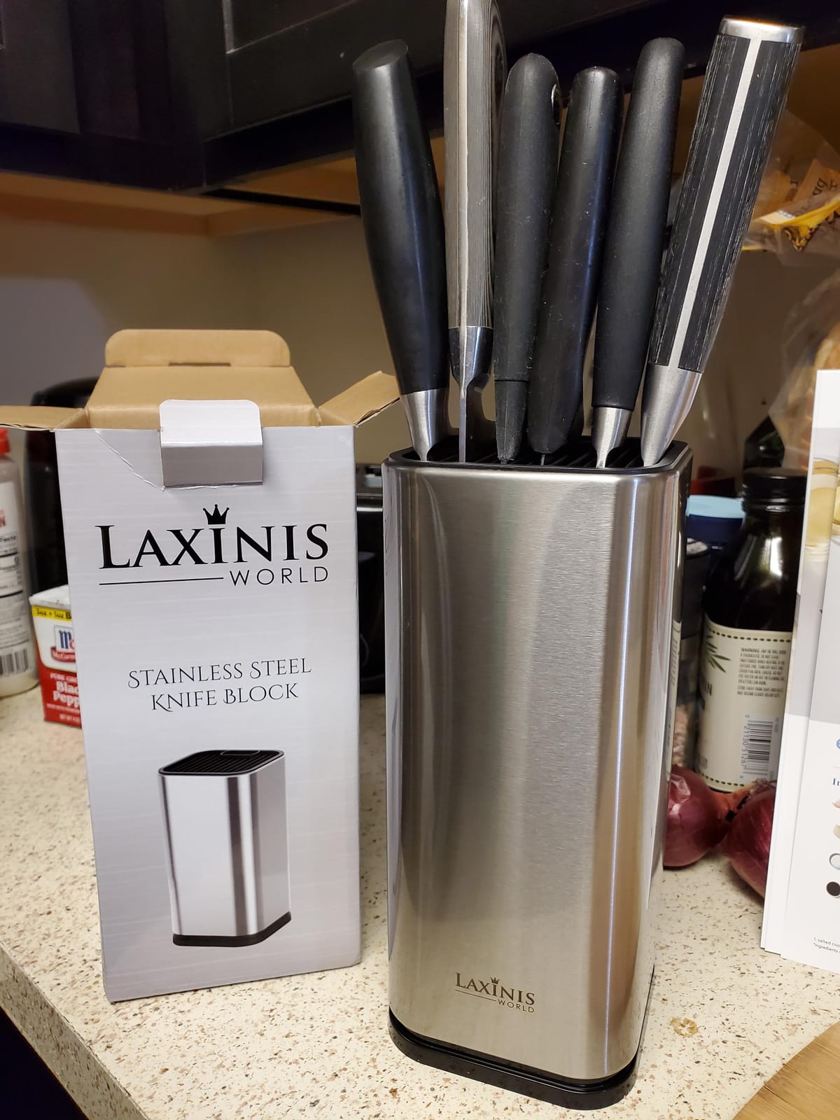Laxinis World Universal Knife Block, Stainless-Steel Modern Rectangular Design with Scissors-Slot, Knife Holder Counter-top Storage, Holds 12 8”-Blade Knives, 9.1” by 4”(knives not included) customer photo 1