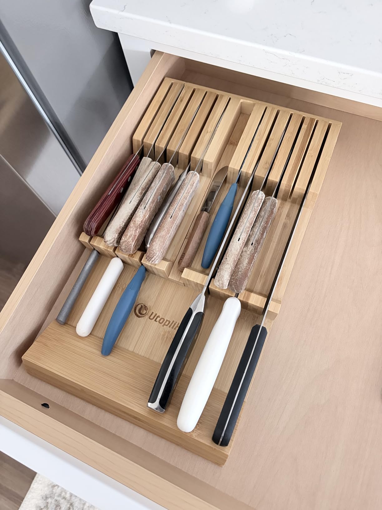 Utoplike In-drawer Knife Block Bamboo Kitchen Knives Drawer Organizer Large customer photo 2