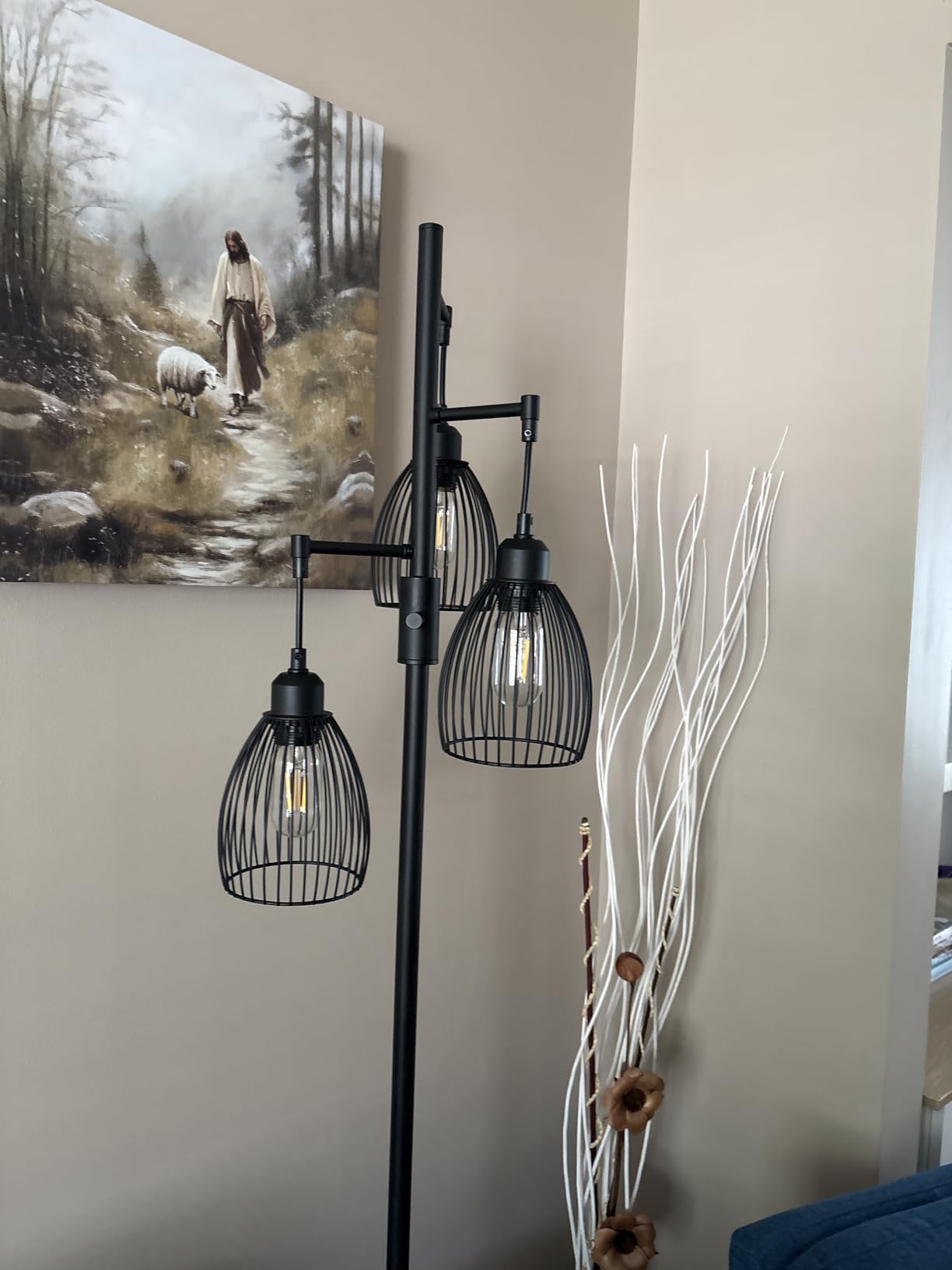 Dimmable Floor Lamp, 3 x 800LM LED Edison Bulbs Included, Farmhouse Industrial Floor Lamp Standing Tree Lamp with Elegant Teardrop Cage Tall Lamps for Living Room Bedroom Office Dining Room-Black customer photo 1