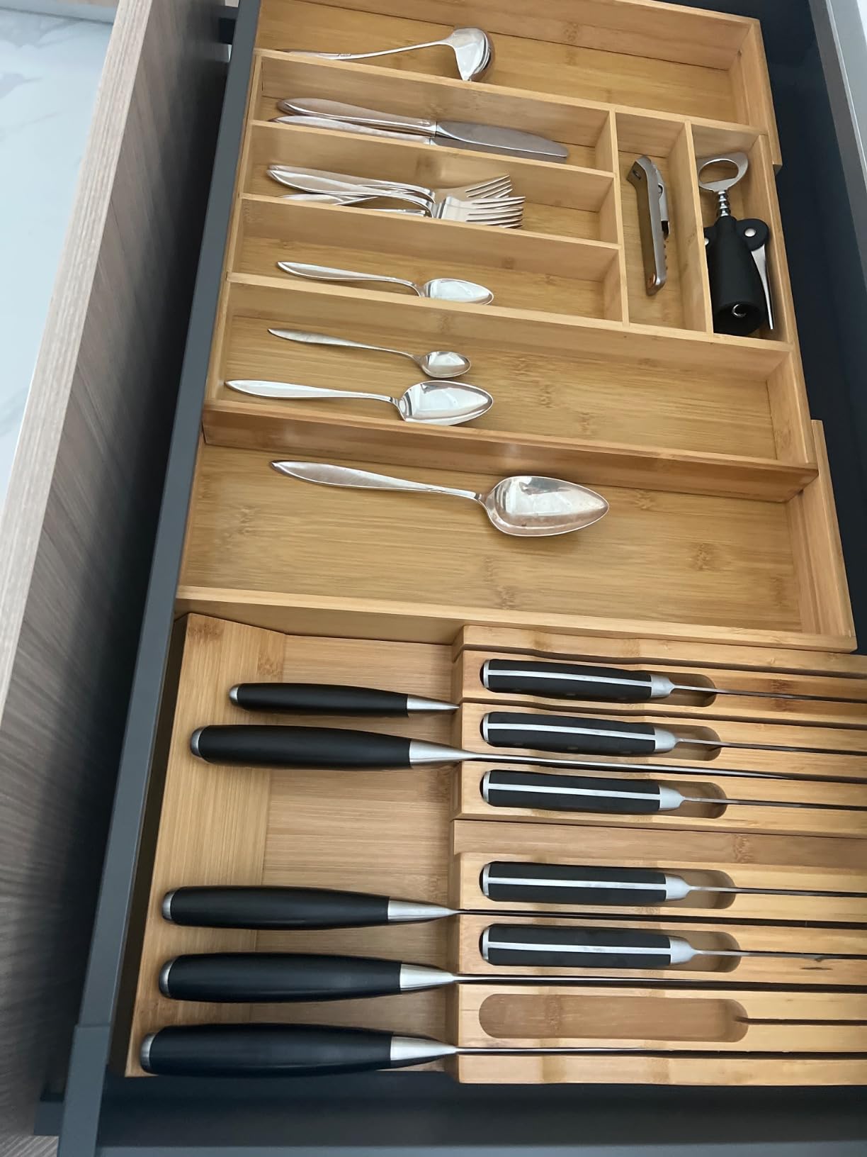 VaeFae Bamboo Knife Drawer Organizer, Knife Drawer Organizer Insert, Kitchen Drawer Knife Block for 12 Knives and a PLUS Slot for your Knife Sharpener (Without Knives) customer photo 1