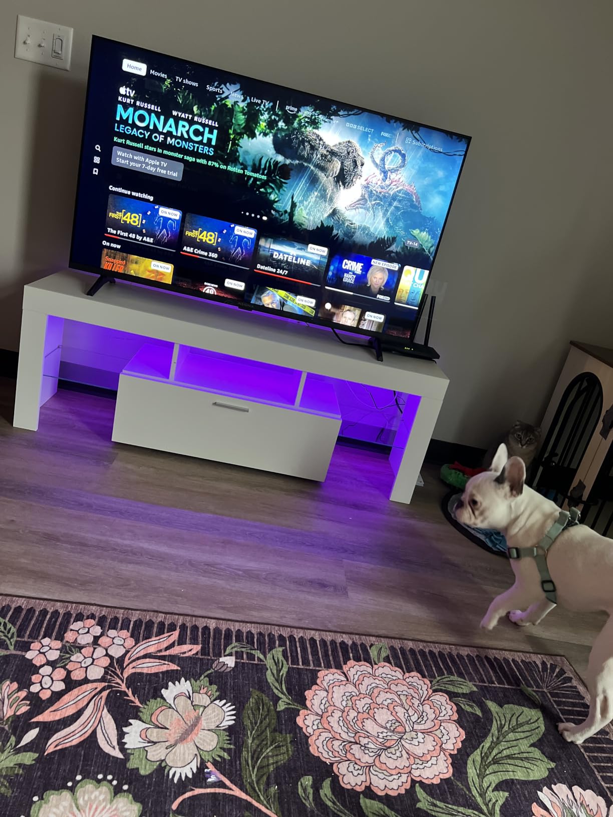 Clikuutory Modern Lighting 63 inch TV Stand with Large Storage Drawer for 50 55 60 65 70 75 Inch TVs, TV Console with 20 Color LED Lights, Entertainment Center Media and Open Shelf for Bedroom, Black customer photo 1