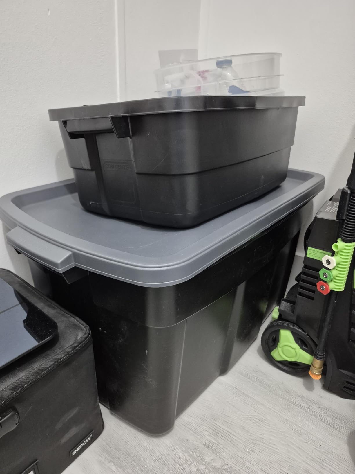 Rubbermaid 6-Pack Totes for Storage with Lids, Heavy Duty Plastic Storage Bins with Lids, Black Gray, 10 GAL - Stackable for Garage, Attic, Camping (10 GAL - 6 Pack Solid Black and Grey) customer photo 1
