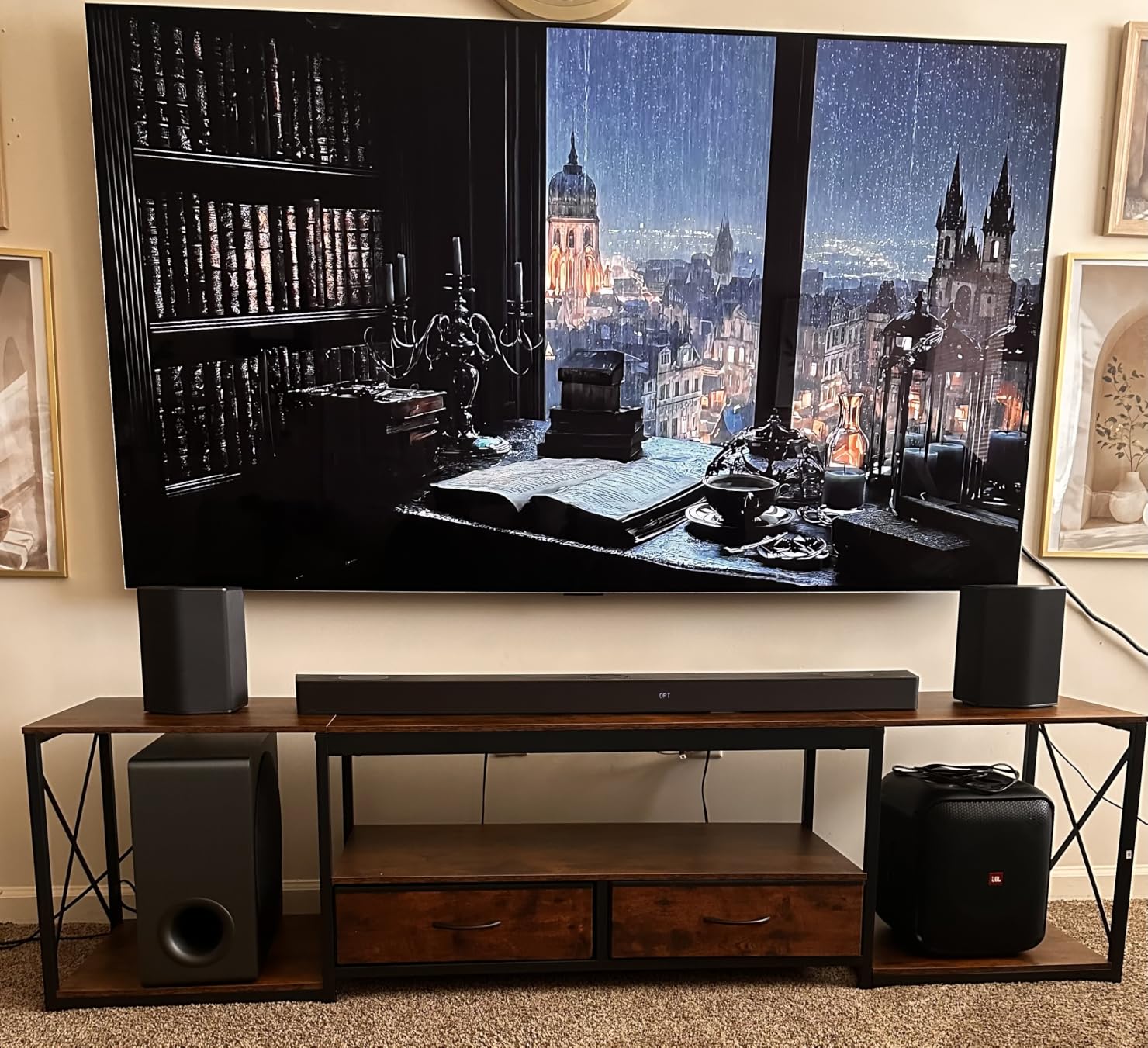 GYIIYUO TV Stand with Fabric Drawers for 65 70 75 Inches TV - Entertainment Center and Industrial TV Console Table with Open Storage Shelves for Living Room, Bedroom - 63