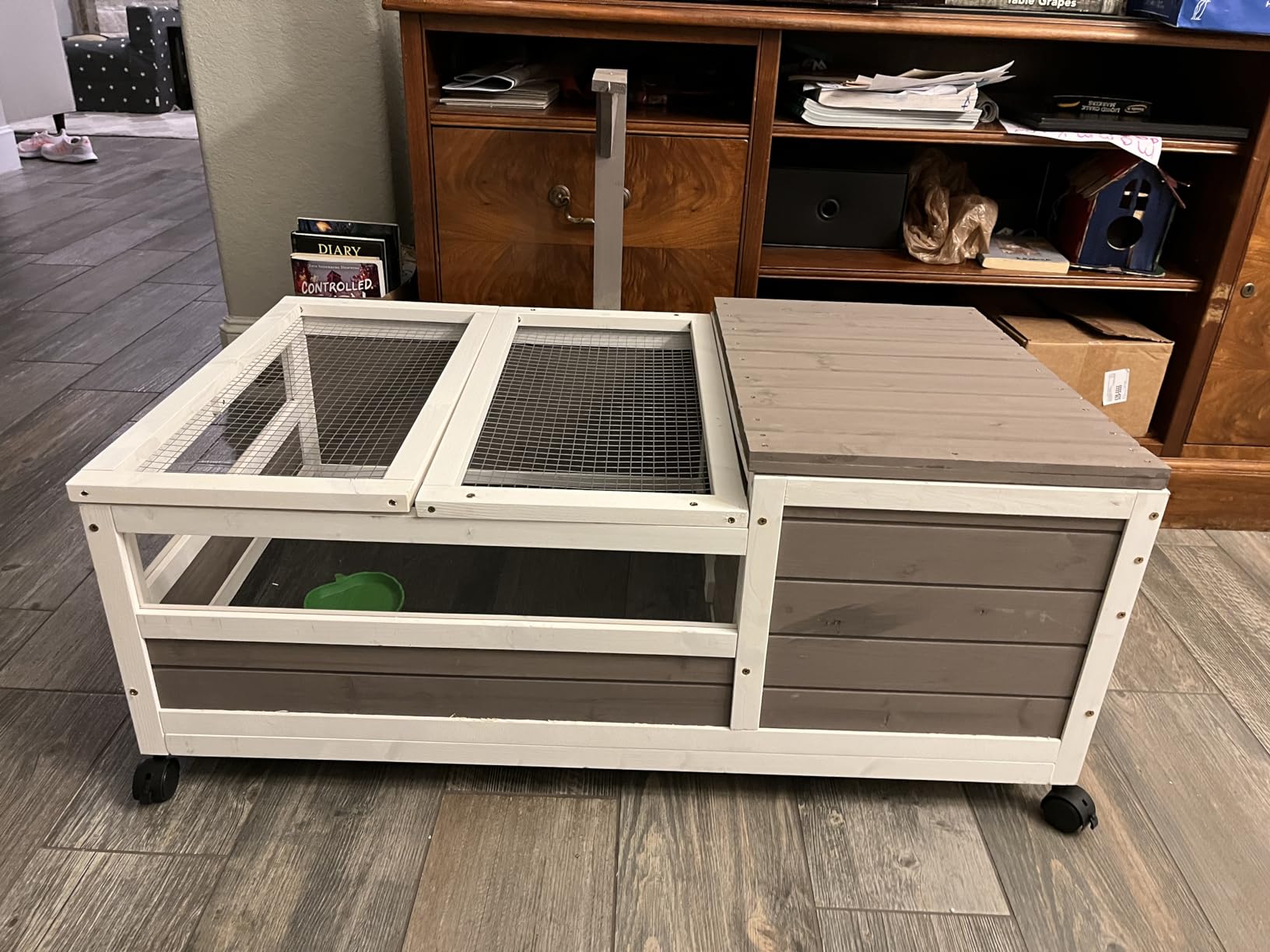 PetsCosset Tortoise Habitat with Detachable Legs, Wooden Indoor & Outdoor Turtle Enclosure, Two-Room Reptile House, Large Observation Windows, Removable Pull-Out Tray, for Tortoises customer photo 2