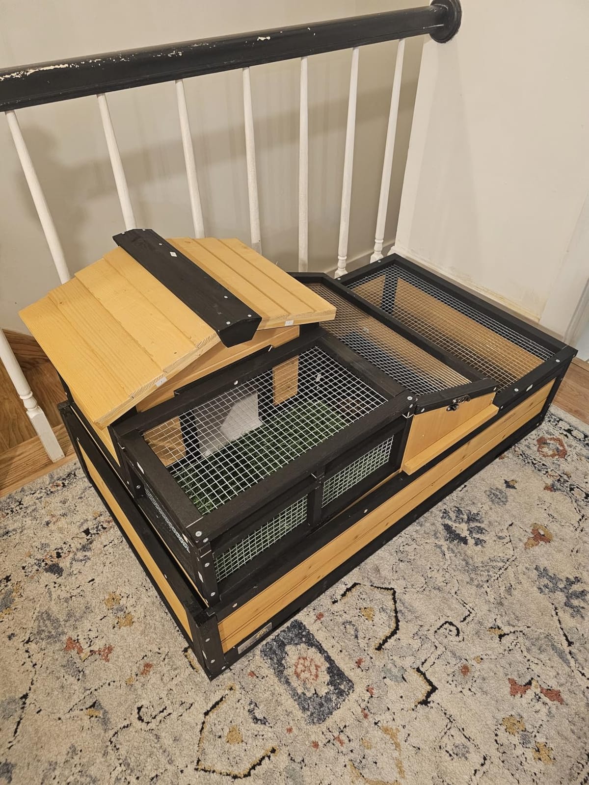 3-Room Large Tortoise Habitat with Pull-Out Tray, Wooden Tortoise Enclosure Indoor & Outdoor with Ramp, Grass Mat, Openable Roof, Luxurious Reptile Enclosure for Small Animals, Yellow customer photo 1