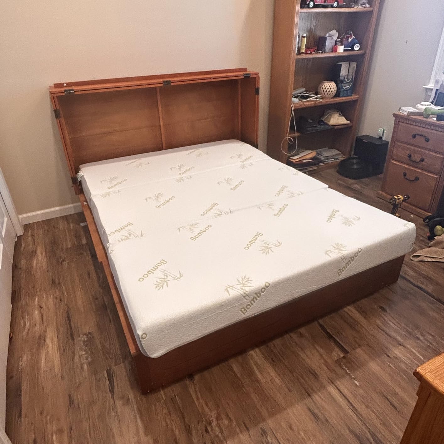 Mjkone Queen Murphy Bed Cabinet with Tri-Fold Mattress Included, Drawers, USB Charging Station, Modern Versatile Wood Chest Cabinet Wall Bed, Wooden Guest Beds for Bedroom Home Apartment, Dark Grey customer photo 1