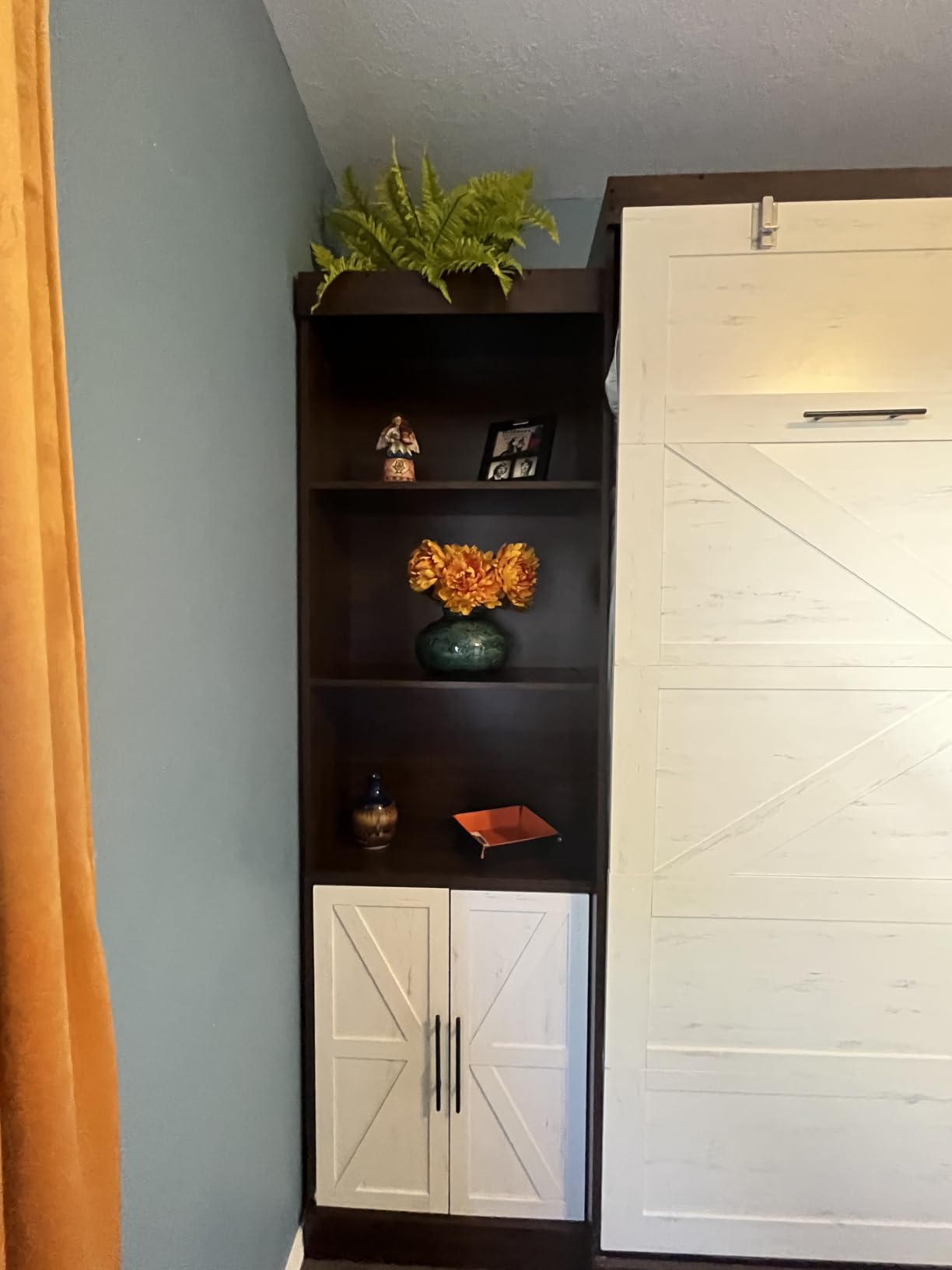 Hlivelood Queen Size Murphy Bed with 2 LED Lights, Farmhouse Wood Hidden Foldable Wall Bed Frame w/Gas Struts, Storage Bed Cabinet for Bedroom, Office, Space-Saving, No Box Spring Needed, Brown customer photo 2
