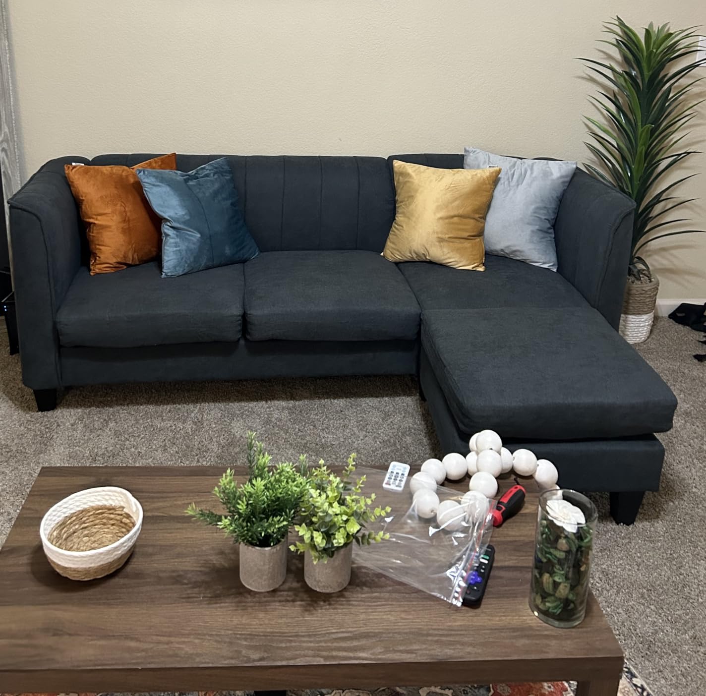 Shintenchi Modern Upholstered Sectional Sofa, L-Shaped Couch with Storage Ottoman and Reversible Chaise for Living Room, Carbon Black Corduroy Fabric customer photo 2