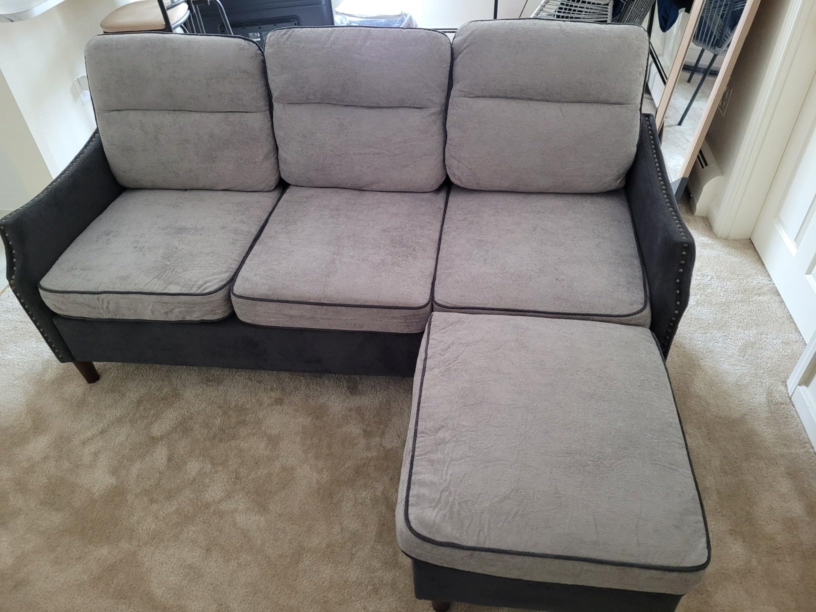 JAMFLY 3-Seat Reversible Sectional Sofa with Ottoman, Small Couch, Grey customer photo 2