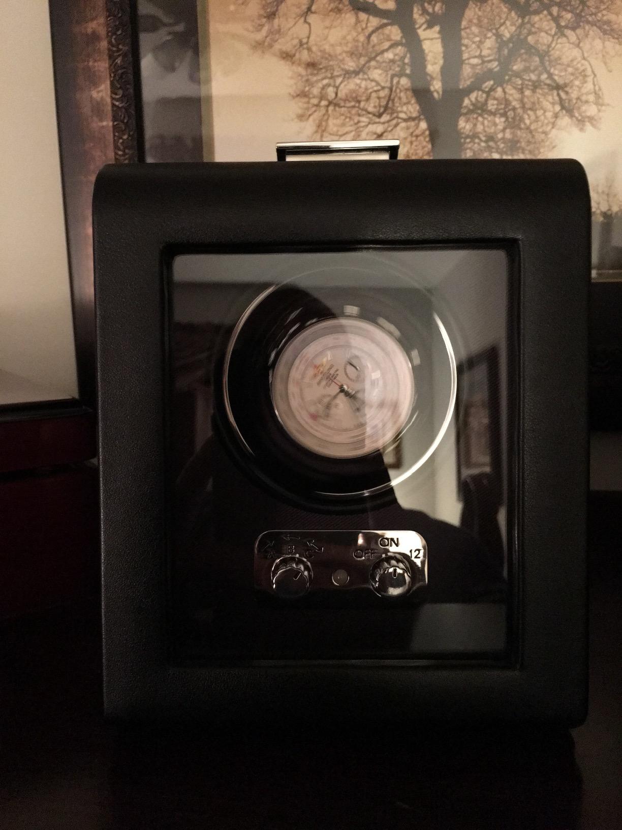 Wolf Heritage Single Winder with Glass Cover, Black - Secure Fit with Patented Lock-in Dynamic Cuff - for Bigger, Heavier Watches - Vegan Leather - Includes Universal Adapter customer photo 2
