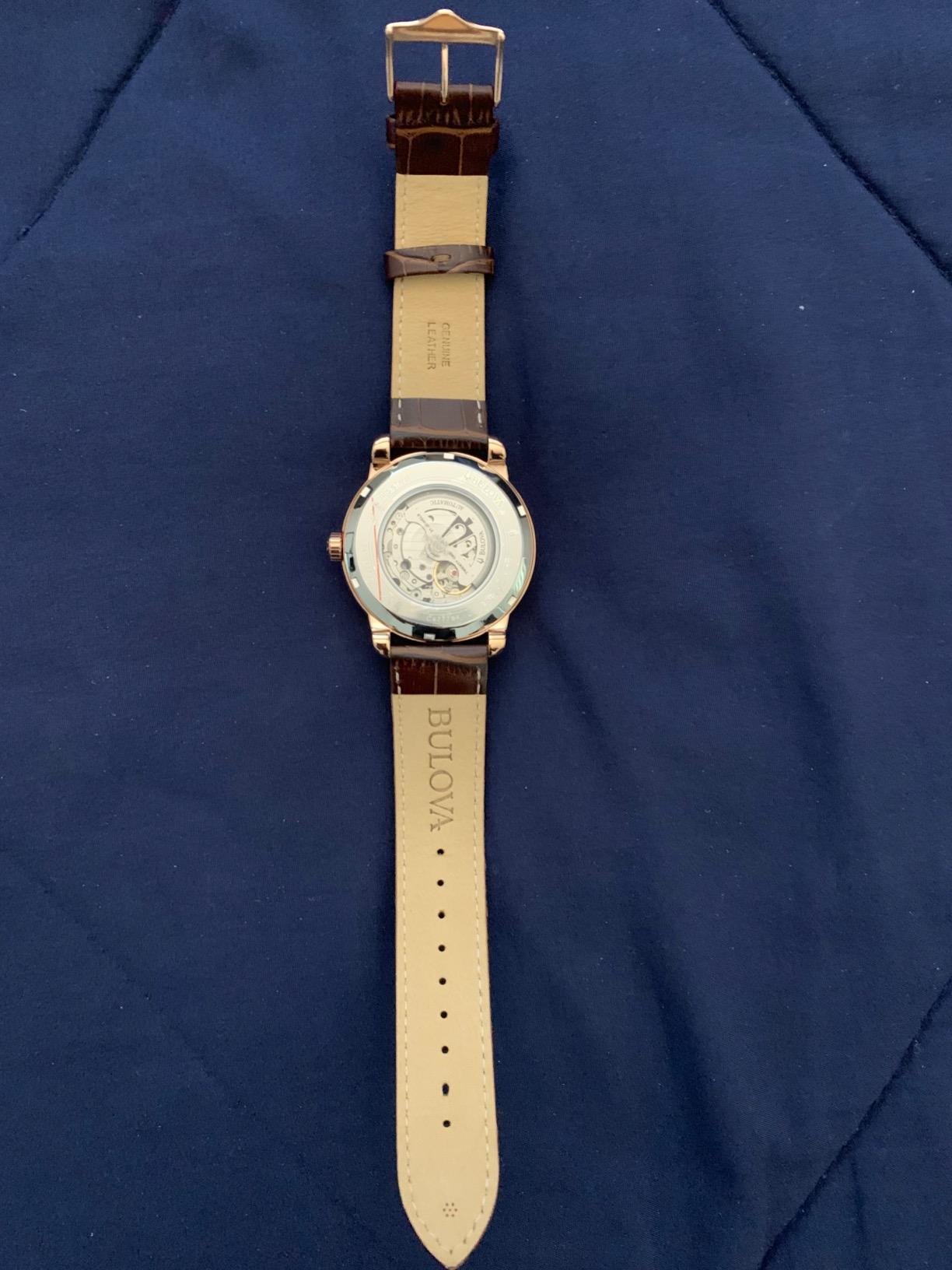 Bulova Men's Classic 3-Hand Automatic Leather Strap Watch, 21-Jewels, Hack Feature, Luminous Hands and Markers,Open Aperture and Exhibition Case Back customer photo 1