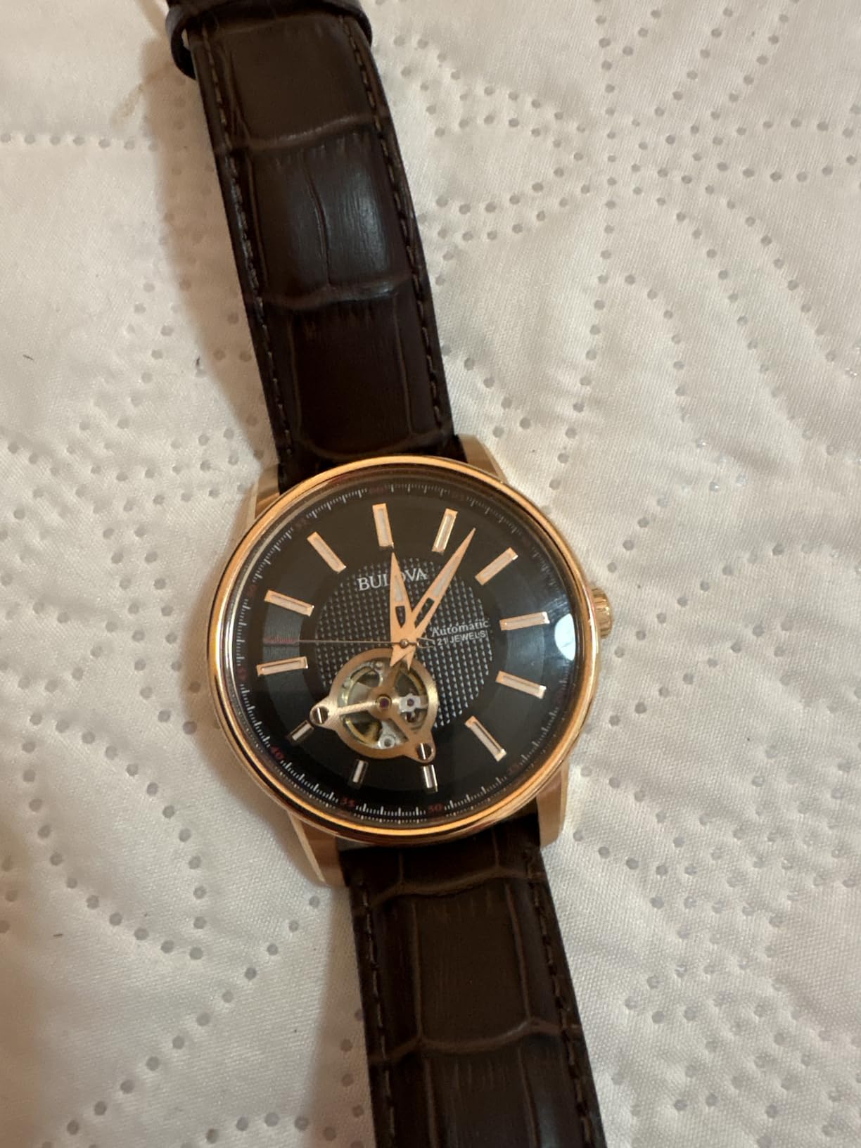 Bulova Men's Classic 3-Hand Automatic Leather Strap Watch, 21-Jewels, Hack Feature, Luminous Hands and Markers,Open Aperture and Exhibition Case Back customer photo 2