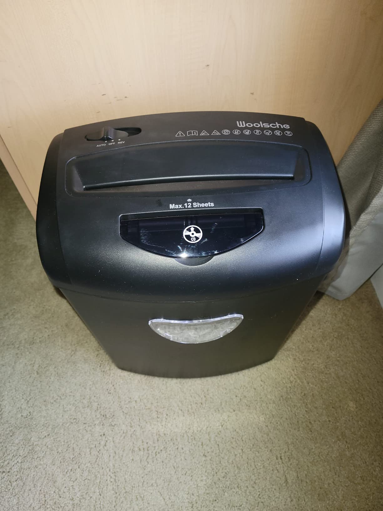 Woolsche 12-Sheet Cross Cut Paper Shredder with Large 5.55-Gallon Basket - P-4 Security, 3-Mode Shred for Cards/CDs/Staples/Clips - Jam Proof System for Office (ETL Certified) customer photo 1