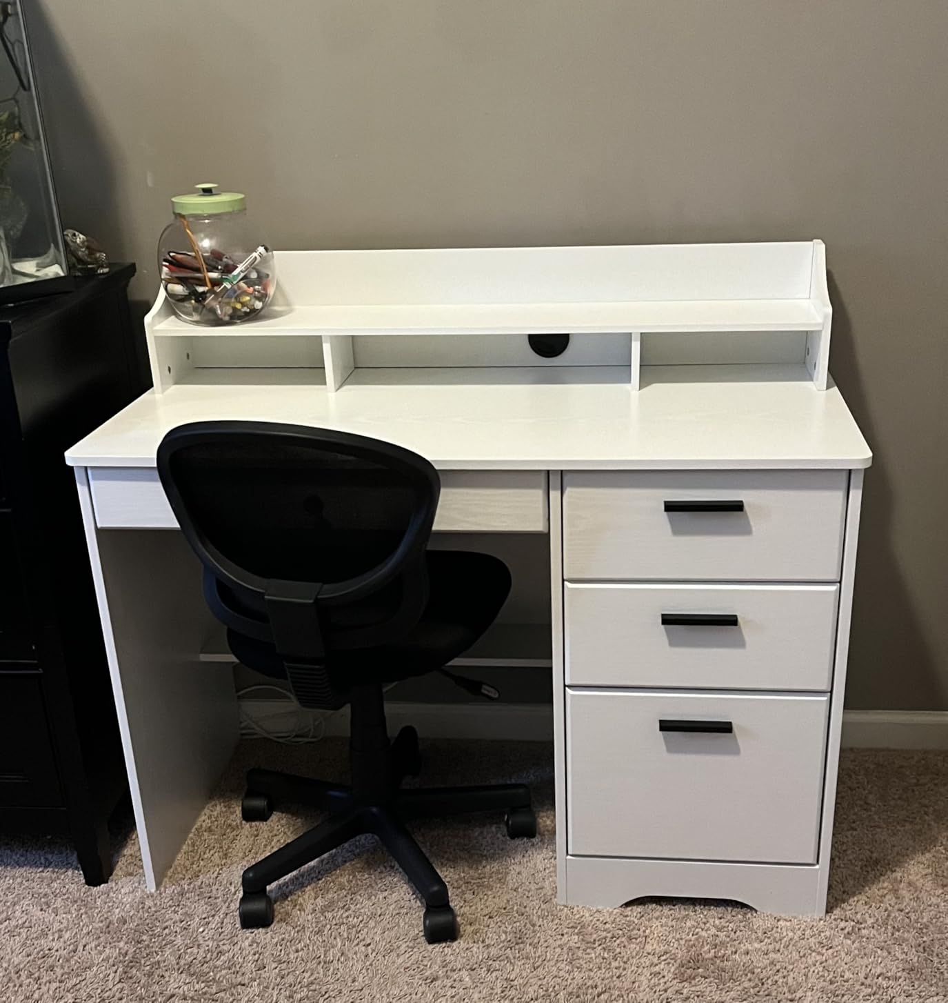Catrimown Computer Desk with 4 Drawers and Hutch, Wood Executive Desks with File Drawer and Shelves, Small Desk Study Table for Bedroom, Student Teen Writing Laptop Table, Grey customer photo 2