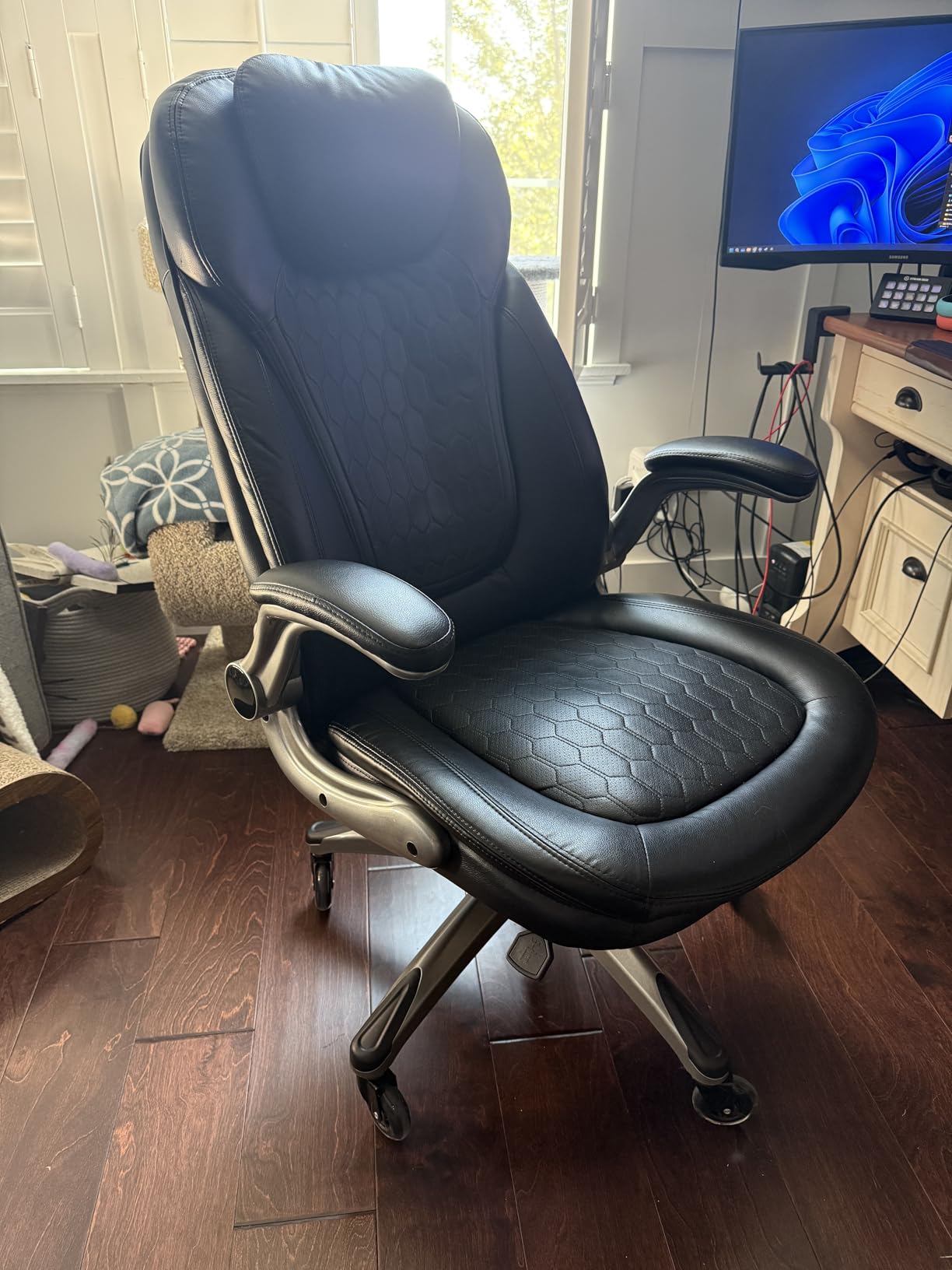 COLAMY Ergonomic High Back Office Chair, Ivory Bonded Leather Executive Desk Chair with Flip-up Arms, Thick Cushion, Silent Nylon Wheels, Adjustable Height & Rocking Function, 300lbs Capacity customer photo 2