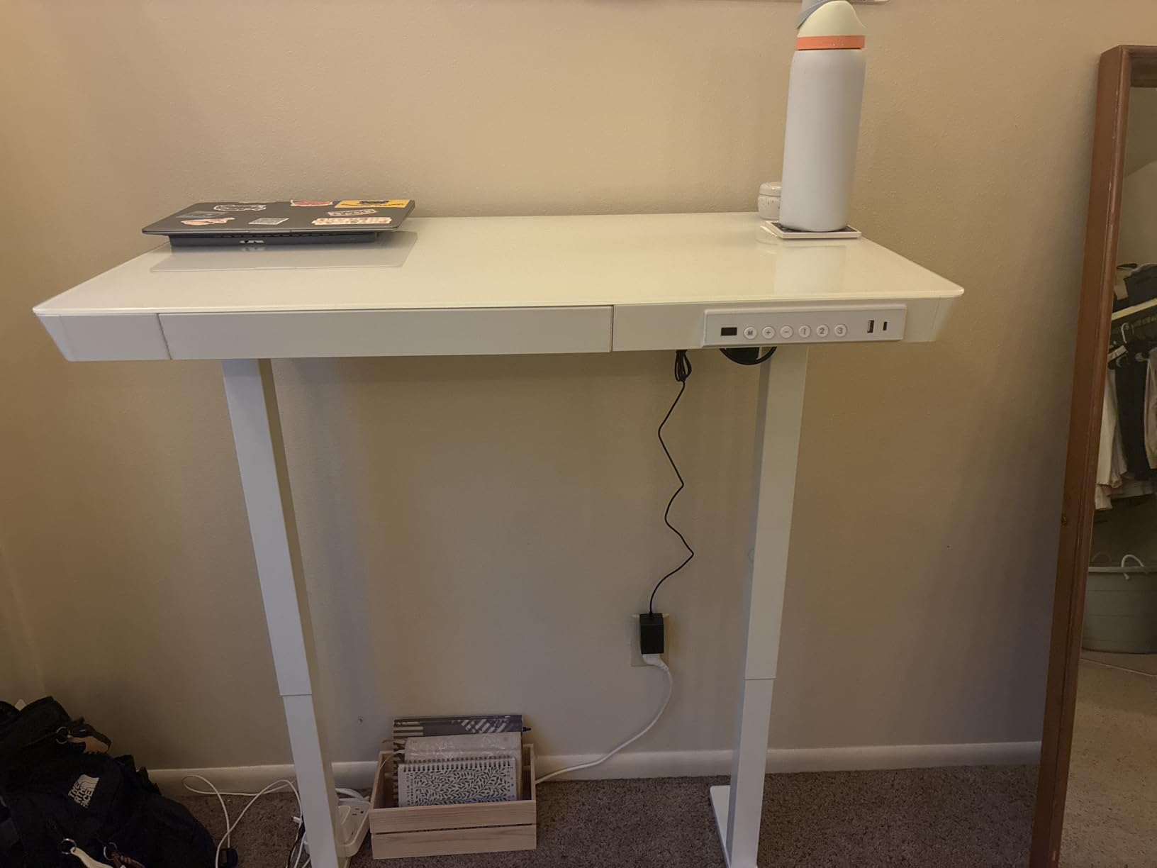 HUANUO Glass Standing Desk with Drawers, 35 X 20 Inch Electric Adjustable Height Desk, Quick Install One-Piece Tabletop with USB Charging Ports, White customer photo 2