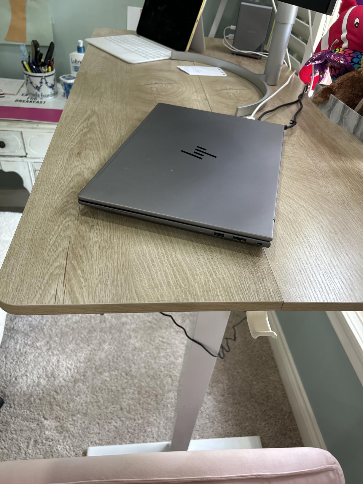 Cubiker Standing Desk, 55x24 Inches Sit Stand Home Office Desk, Electric Stand up Desk, Adjustable Desk with Splice Board, White Frame/Maple Top customer photo 1